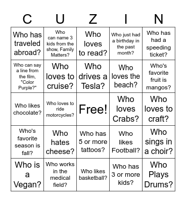 Cousin Bingo Fun Bingo Card