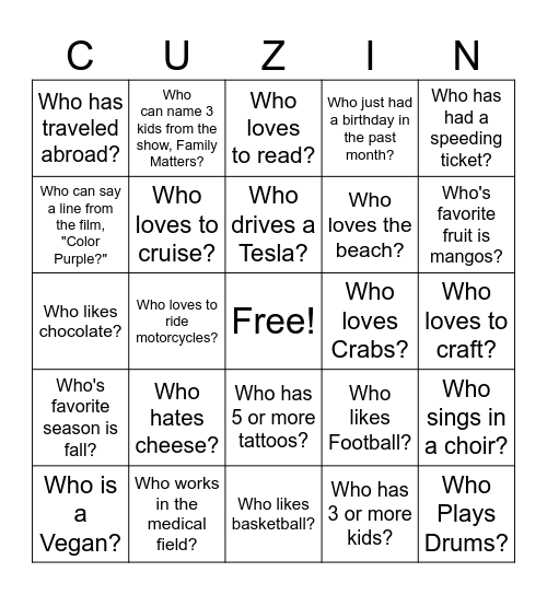 Cousin Bingo Fun Bingo Card