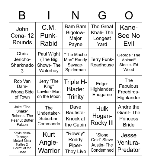 Wrestlers That Have Appeared in Movies Bingo Card