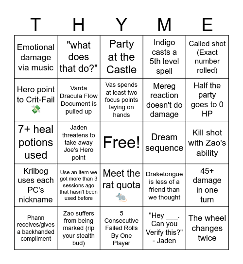 In the Kingdom of Harvest Bingo Card