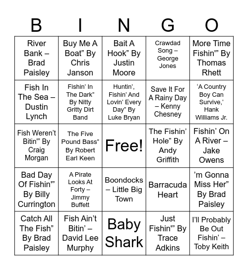 Fishing Songs Bingo Card