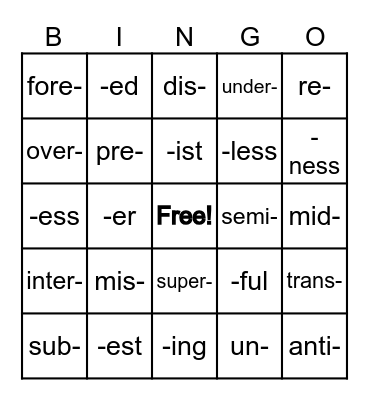 AFFIX Bingo Card