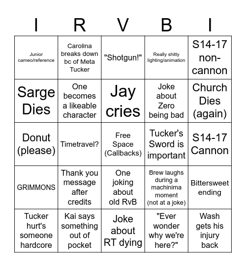 RvB Restoration Bingo Card