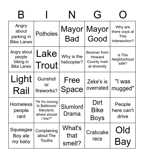 Better Baltimore Bingo Card