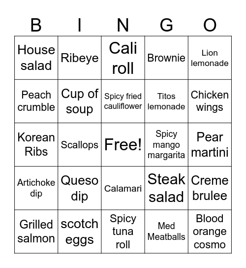 WIN A FREE DINNER Bingo Card