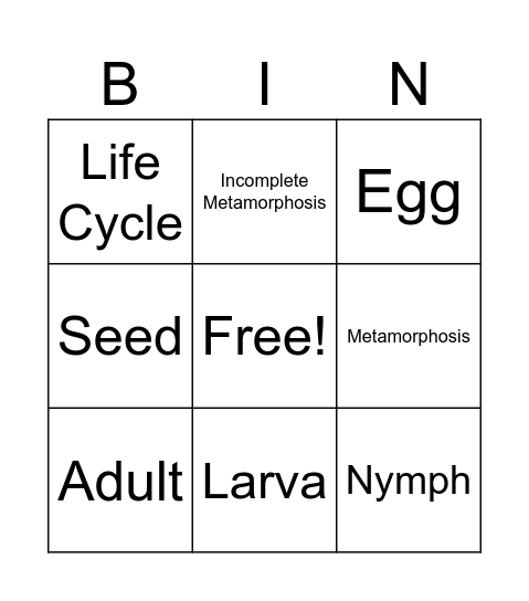 Life Cycle Bingo Card