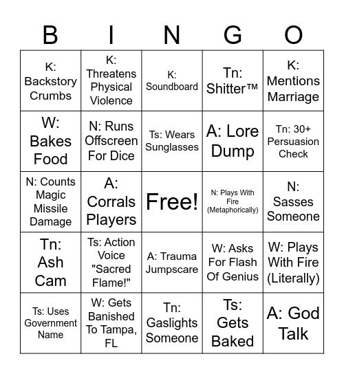 D&D Time Bingo Card