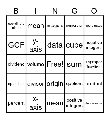 MATH TERMS Bingo Card