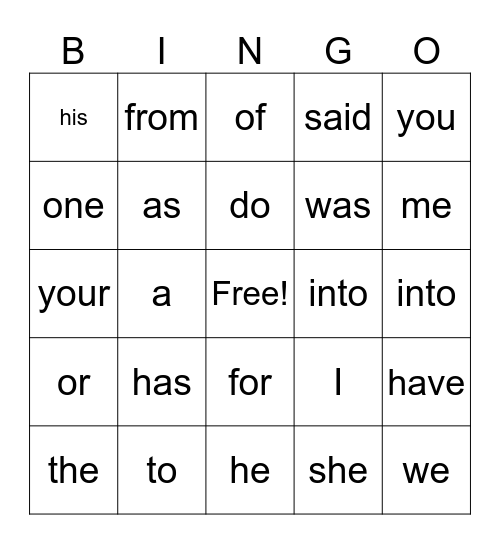 Fundations Trick Words Bingo Card