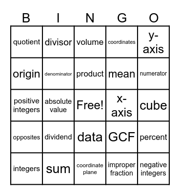 MATH Bingo Card