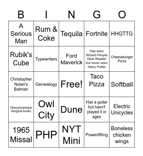 Fr. BackwardsFeet Bingo Card