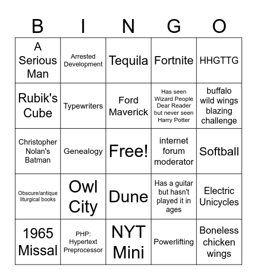 Fr. BackwardsFeet Bingo Card