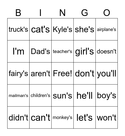 Contractions vs. Possessives Bingo Card