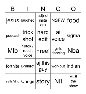 Instagram Bingo Card