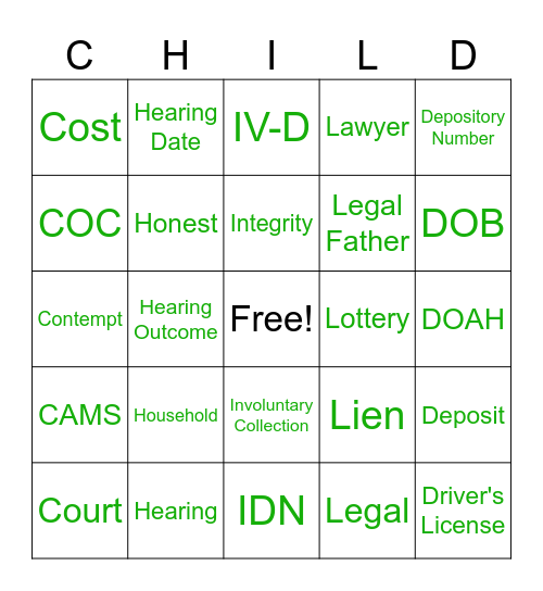 Child Support Bingo Card