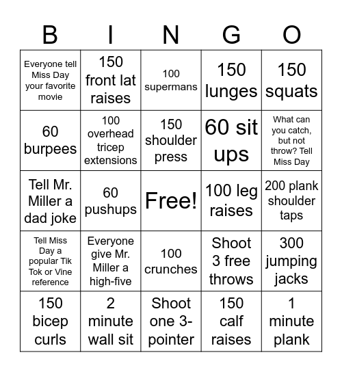 Fitness Bingo Card