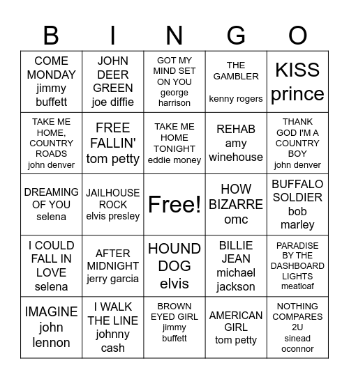 ARTISTS GONE TOO SOON Bingo Card