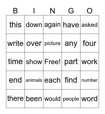 Star Word Bingo Card