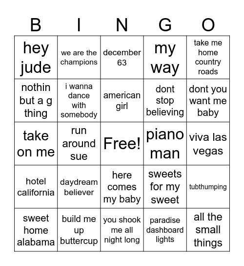 sing a longs 3 Bingo Card