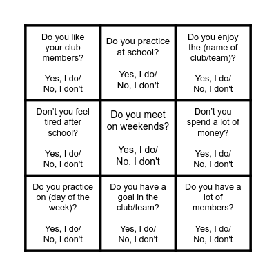 Club Bingo! Bingo Card