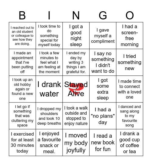 Be Kind to Yourself Bingo Card