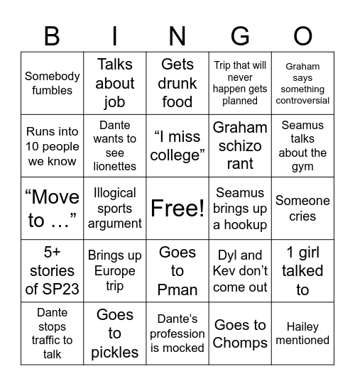 Grad Weekend Bingo Card