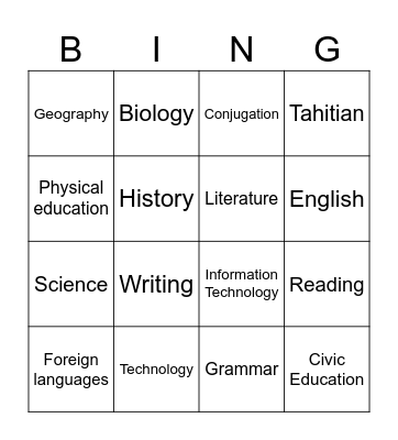 SCHOOL SUBJECT Bingo Card