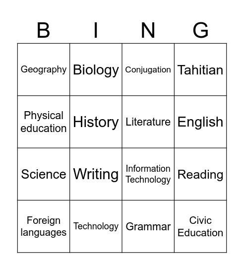 SCHOOL SUBJECT Bingo Card