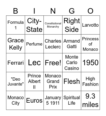 Monaco Bingo Card