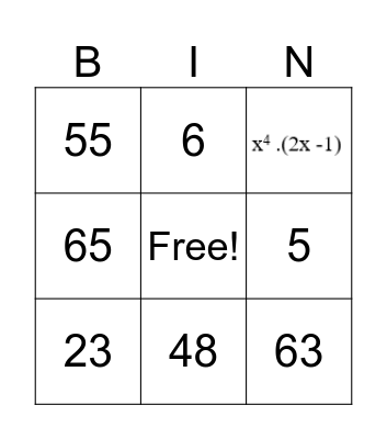 math Bingo Card