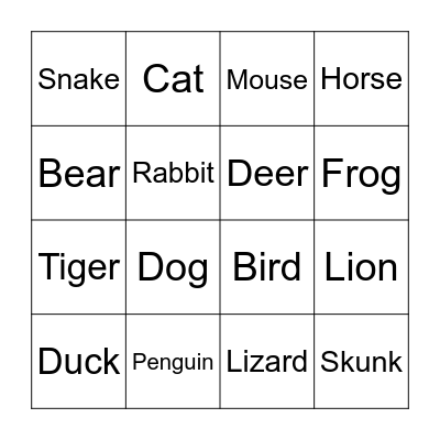 Animals Bingo Card