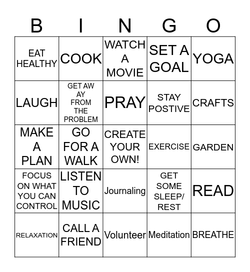 COPING SKILLS BINGO Card