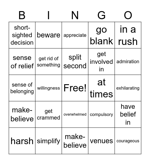 B2 Vocabulary Bingo Card