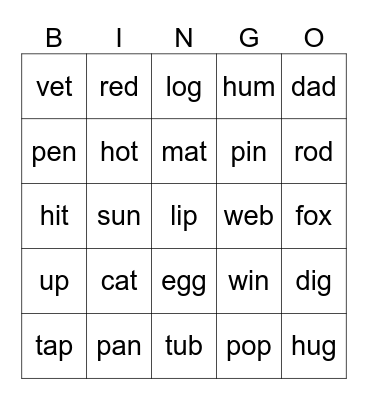 William's CVC Words Bingo Card