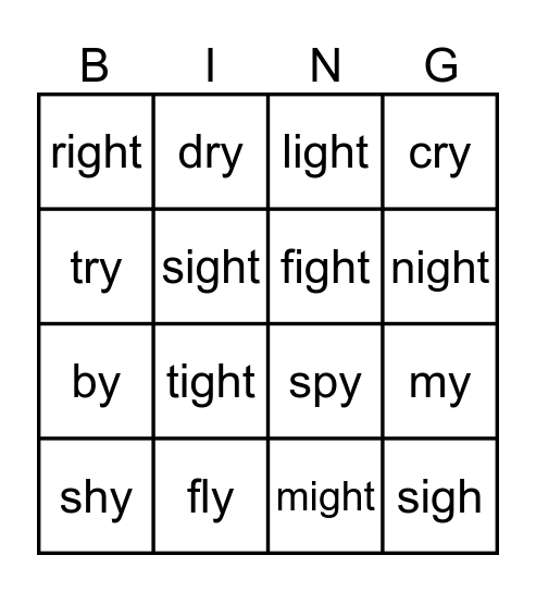 "-y" and "igh" words Bingo Card