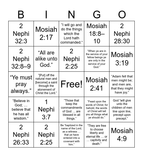 Book of Mormon Doctrinal Mastery Bingo Card