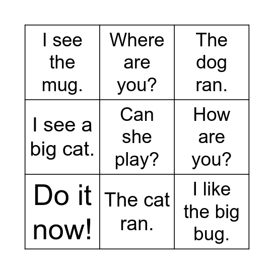 Simple Sentence Bingo Card