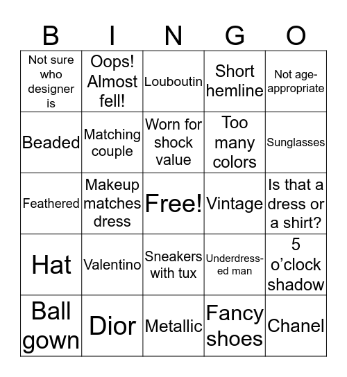 Red Carpet Bingo (Comments made about attire) Bingo Card