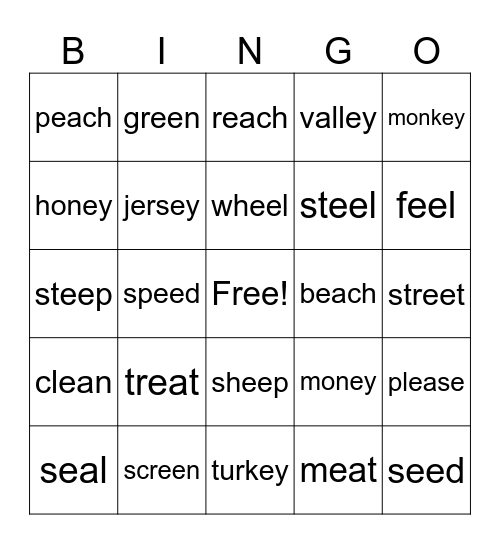 Long e Bingo Card