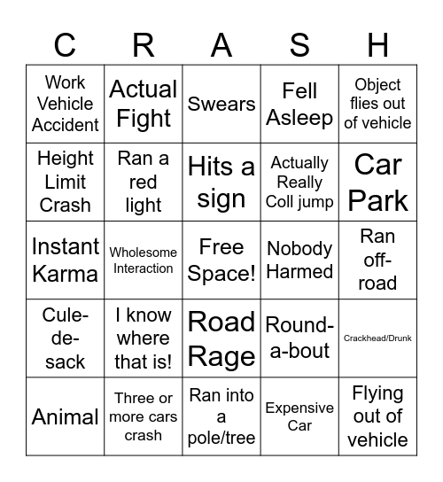 Car Crash Bingo Card