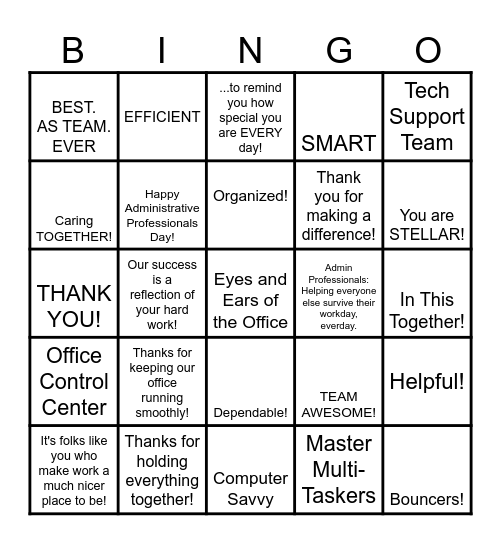 Admin Day Bingo Card