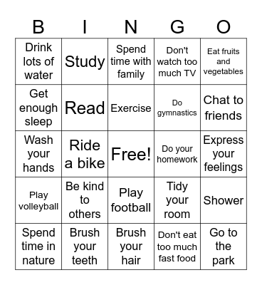 Healthy Habits Bingo Card