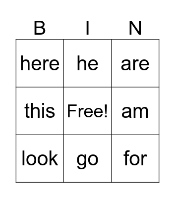 Heart Word Bingo Card