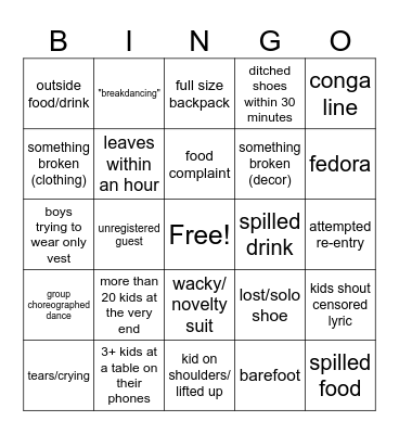 Prom Bingo Card