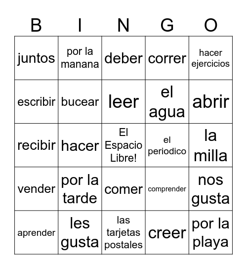 Spanish 5-2 Bingo Card