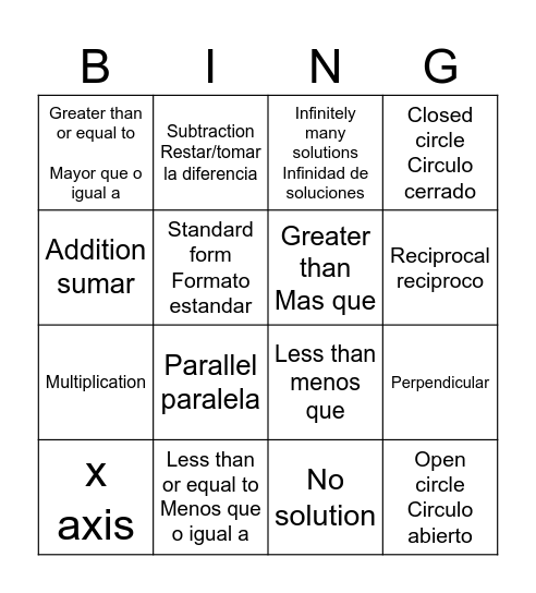 Math vocab Bingo Card