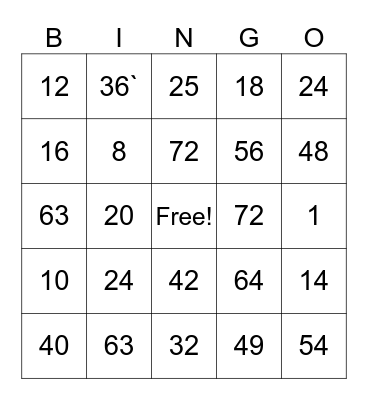 Multiplication Bingo Card