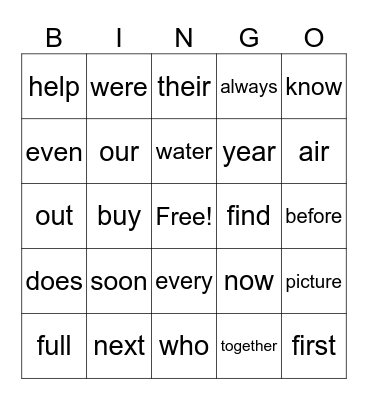 Super words Bingo Card