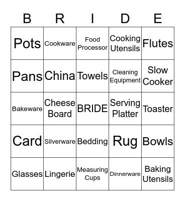 Amy's Bridal Shower Bingo Card