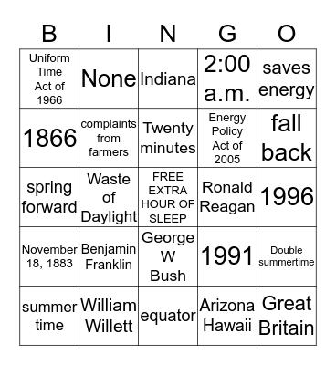 DAYLIGHT SAVING TIME BINGO Card